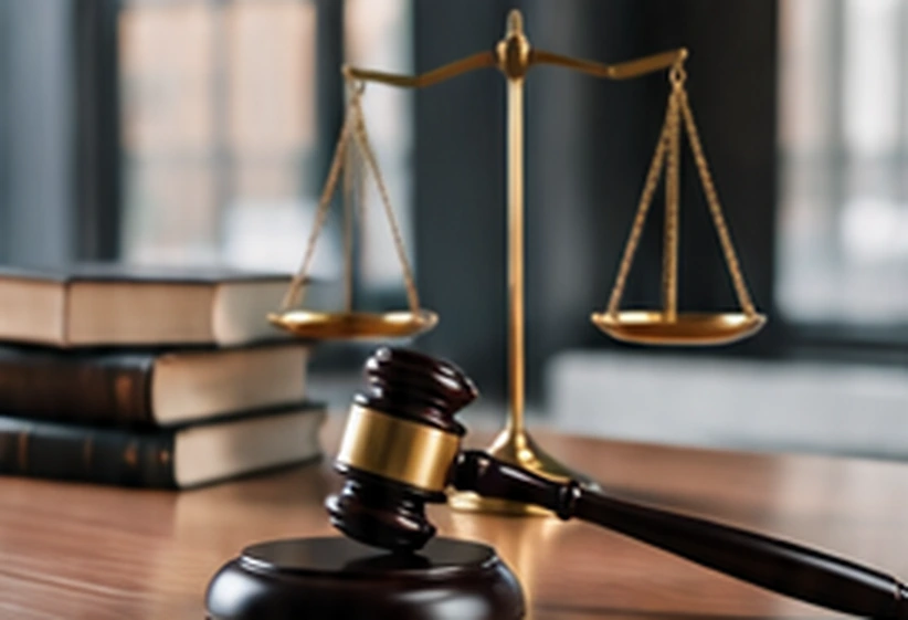 Balanza de la justicia y mazo sobre un escritorio.